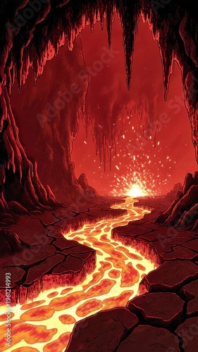 Infernal cave landscape with flowing lava river