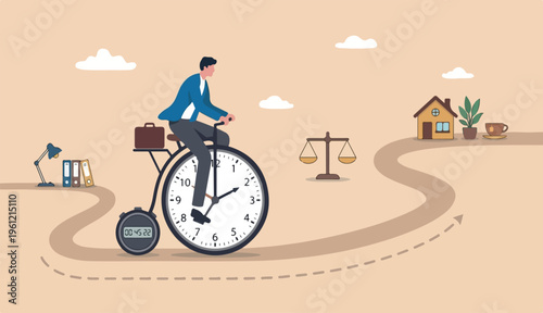Productivity or efficiency spending time to finish work, time management work life balance concept, businessman riding vintage bicycle with front wheel as clock and small wheel as stopwatch timer.