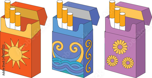 Set of stylized cigarette packs with nature themes including leaves sun and ocean waves flat vector icons isolated on white background for health or lifestyle concepts.