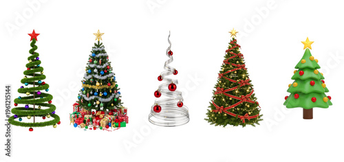 A group of decorated christmas trees in different styles and colors