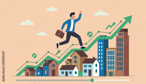 Real estate market price rising up chart homebuyer property investment concept, businessman homebuyer real estate agent happy running rising up house building green to graph chart