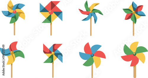 Colorful toy pinwheel vector icon set featuring various paper windmill designs in bright primary colors isolated on white background for kids or summer themes.