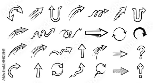 Arrows hand drawn set with various styles and directions, including curved, straight, and spiral shapes for graphic design.