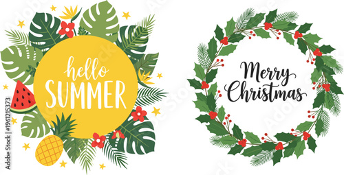 Seasonal vector wreath set featuring a tropical summer frame with monstera leaves and fruit alongside a traditional merry christmas holly berry winter garland.