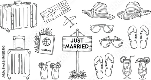 Travel and Honeymoon Icon Set Featuring Suitcase, Passport, Sunglasses, Hats, Cocktails and Just Married Sign Line Art Collection