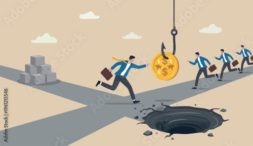 Crypto scams or fraud, liar create ICO initial coin offering baiting greed investors trader concept, greedy businessman running grab bating cryptocurrency coin scam