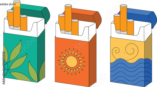 Set of stylized cigarette packs with nature themes including leaves sun and ocean waves flat vector icons isolated on white background for health or lifestyle concepts.
