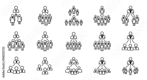 Organization charts set with hierarchical human figures and team structures, flat icon outlines featuring hierarchy, structure, business with