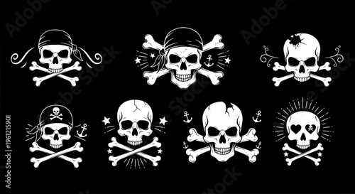 Skulls and crossbones set with pirate themes and anchors, stylized in white on black. featuring skull, symbol, danger with death and macabre elements