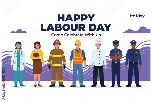 Happy labor day with diverse professionals in uniform and festive background.