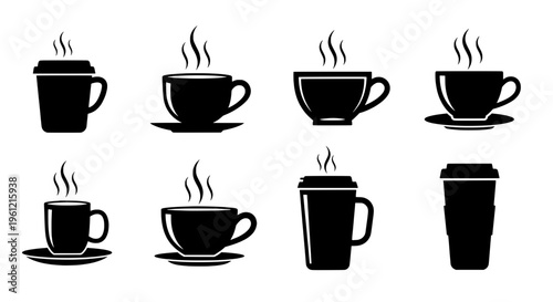 Cups collection with steam icons, black silhouette for coffee and tea drinks featuring cup, hot, drink with beverage and hot beverage elements for