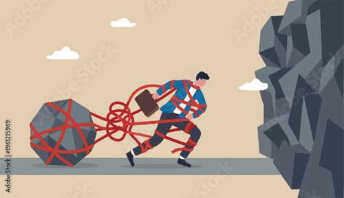 Business difficulty or struggle with career obstacle, limitation a trap challenge overcome success concept, businessman tied up with red tape trying to run away with full effort.