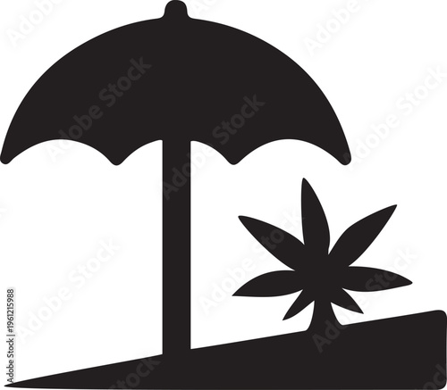 Black silhouette of beach umbrella and cannabis vector icon