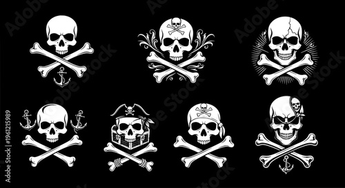 Skulls crossed bones set with pirate and anchor designs on black background featuring jolly roger, skull and crossbones, skull design with bone