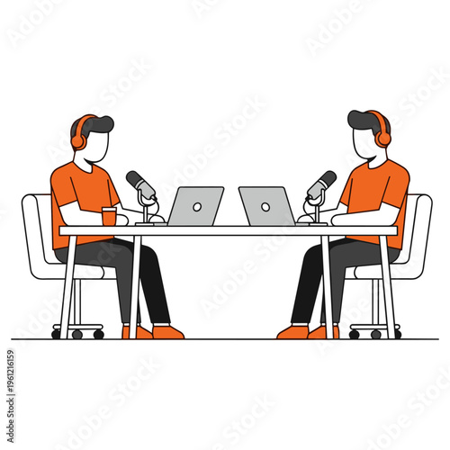 Two broadcasters facing each other while recording podcast with laptops and microphones on desk