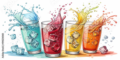Four colorful splashing drinks with ice cubes in glasses, refreshing summer beverages, hand drawn