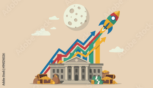 Trading stock or crypto price rising high to the moon, crypto currency value soaring sky rocket, get rich make profit investment, rocket stock crypto currency central in bank graph flying high to the