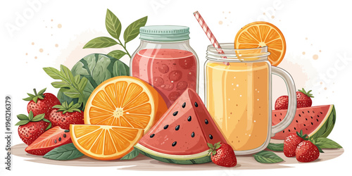 Juicy summer fruits and juices in jars and glass, watermelon, orange, strawberries, leaves, hand drawn