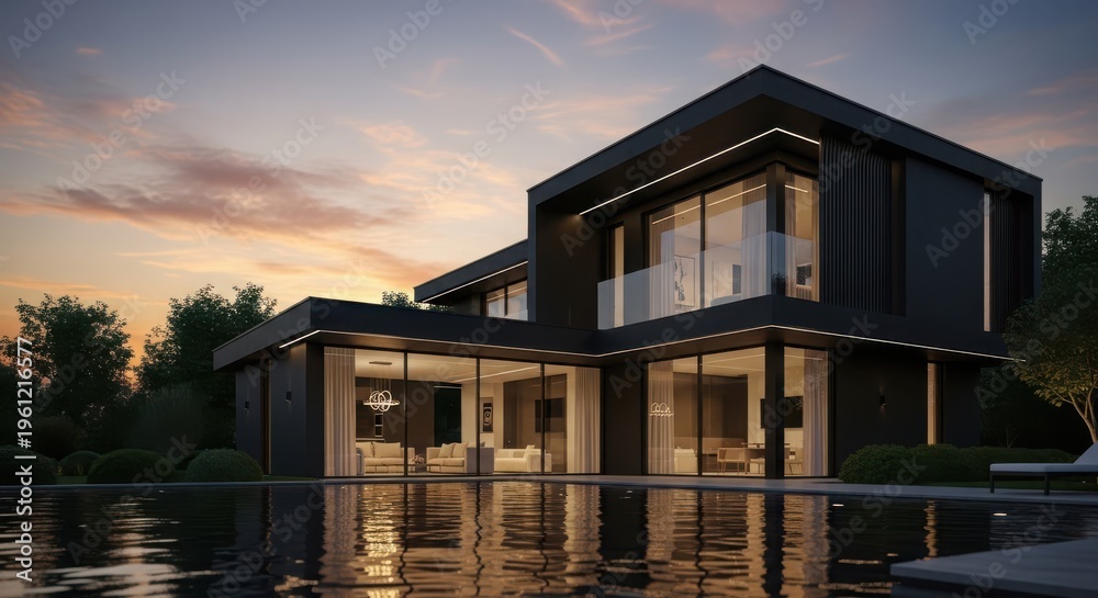Fototapeta premium Sleek black modern house with glass walls reflecting in pool water.