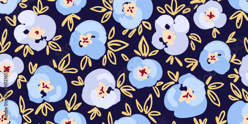 Floral vector seamless pattern. Blue viola flowers, pansies, leaves on a dark background. For fabric prints, textile products, clothing.