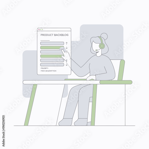 Person working on product backlog at desk with headset.