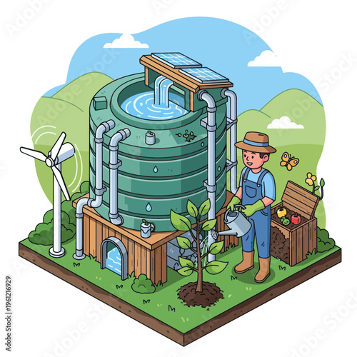 Farmer watering a newly planted tree next to a large rainwater harvesting system.