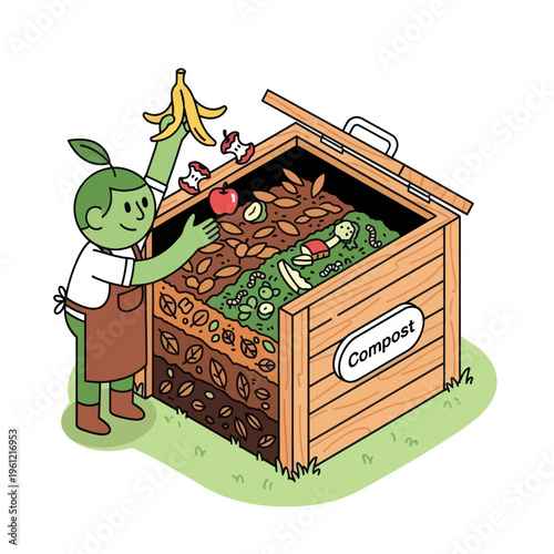 Green character composting organic waste in a wooden bin.