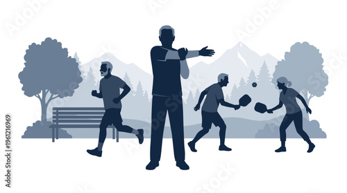Professional silhouette illustration of active seniors jogging, stretching, and playing pickleball in a park setting isolated on white background for elderly wellness and healthy lifestyle concepts.
