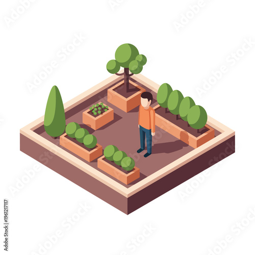 Isometric view of a person tending to a small garden with various plants.