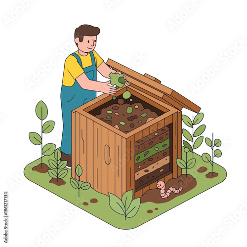 Man Composting Organic Waste in Wooden Bin for Sustainable Gardening.