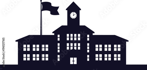 Classic School Building Silhouette with Clock Tower and Flag Icon Vector Illustration for Education Learning Academy High School and Government Architecture Design.