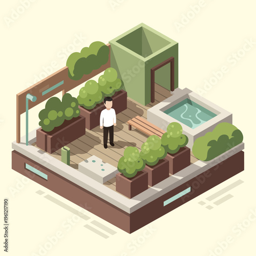 Man on a modern rooftop garden with hot tub and lush greenery.