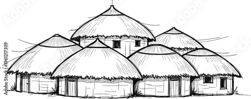 Traditional African Tribal Village Sketch with Thatched Roof Huts Hand Drawn Illustration of an Indigenous Community Settlement for Cultural and Travel Design Projects.