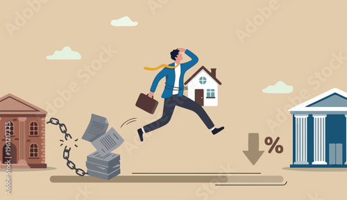 Refinance change mortgage agreement to new bank, replace debt obligation with better interest rate, housing loan real estate investment concept, businessman with house jump new bank