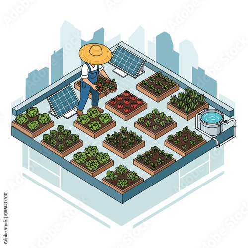 Urban Rooftop Garden with Farmer and Solar Panels.