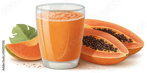 A glass of orange papaya juice with a slice of fresh papaya, and whole ripe papayas, on a textured surface with a green leaf, promoting healthy organic refreshment