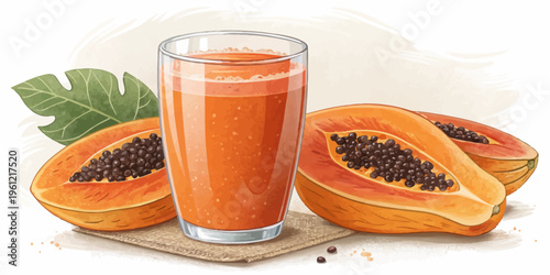 Freshly squeezed papaya juice in a clear glass, accompanied by ripe papayas cut in half, showcasing the orange flesh and black seeds, on a woven mat