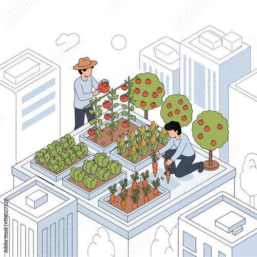 Urban rooftop garden with people farming fresh produce.