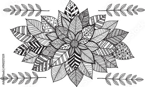 Mandala leaf pattern artwork, radial symmetry design, intricate floral illustration, decorative geometric texture concept, artistic coloring style, flat vector illustration