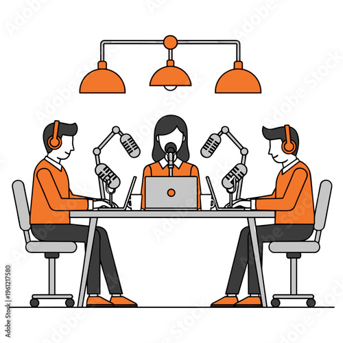 Three professional podcast hosts recording in studio with overhead lights and microphones