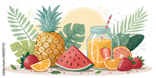 Refreshing summer assortment of fruits and juices including pineapple, watermelon, strawberries, and oranges, served in glasses and jars amidst tropical foliage and a bright sun graphic