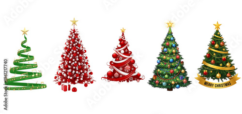 Five different christmas trees with various decorations