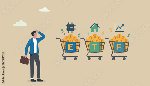 ETF, Exchange Traded Funds real time mutual funds that tracking investment index trading in stock market concept, shopping carts or trolley full of Dollar money coins with alphabet combine the word