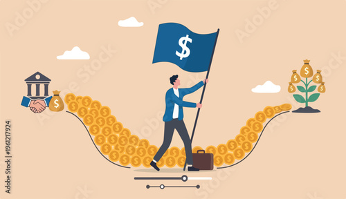 Cash flow, investment fund raising bank loan financial activity making money profit concept, Businessman leader to investor holding flag control money Dollar coins
