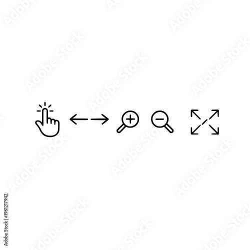 A set of digital interface icons featuring touch gesture, zoom tools and screen resize indicators