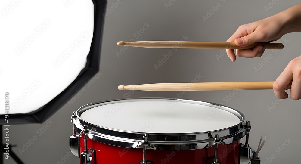 Fototapeta premium Hands holding drumsticks about to strike a red snare drum with a studio light