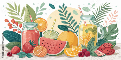 Refreshing fruit juices in jars with straws, assortment of fresh fruits like watermelon, pineapple, and oranges, tropical leaves, fruit juice