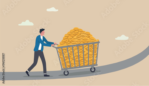 Success to the in forvestor, rich man making money from business or investment, income and revenue, budget, saving or profit concept, rich and successful businessman with load of money golden coin in