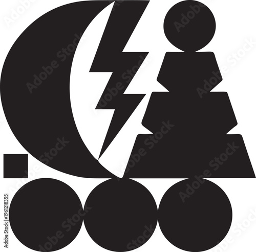 Abstract composition with a crescent moon and lightning bolt.