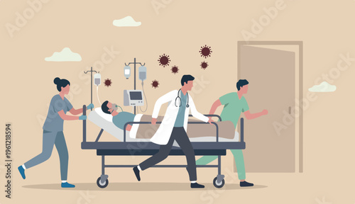 Emergency case for Coronavirus critical patient concept, doctor medical team riding bed critical Coronavirus COVID-19 pneumonia patient emergency room extra to treatment, virus pathogen